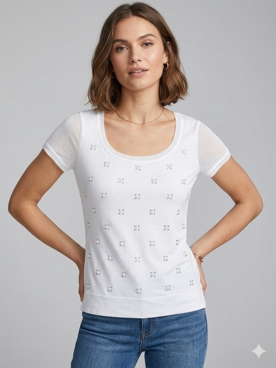 White House Black Market Tops - White House Black Market White Rhinestone Scoop Neck Short Sleeve Tee